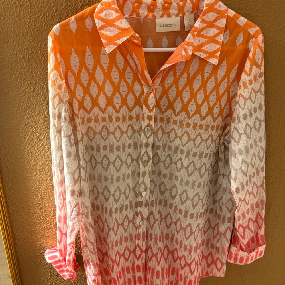 Chico's Vibrant Orange and White Button Down Shirt. Never worn!